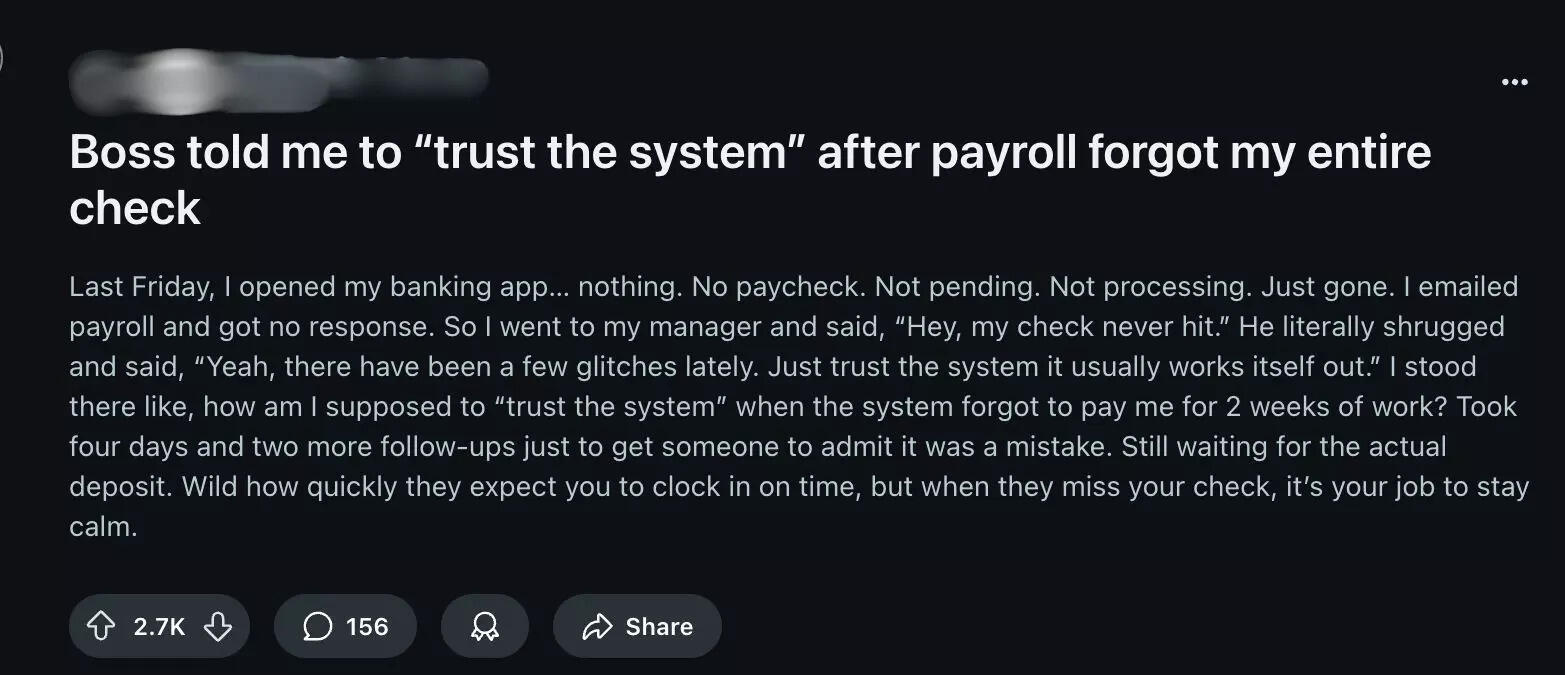 Viral Reddit post highlighting an issue of delayed paycheck in the US. Reddit post
