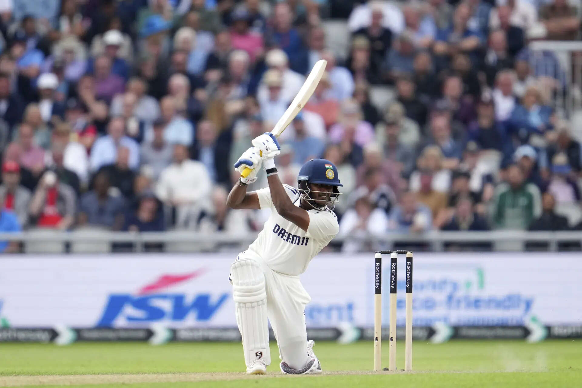 Sai Reformson played a shot during the fourth Test between England and India in Old Trafford, Manchester. (AP) England india cricket
