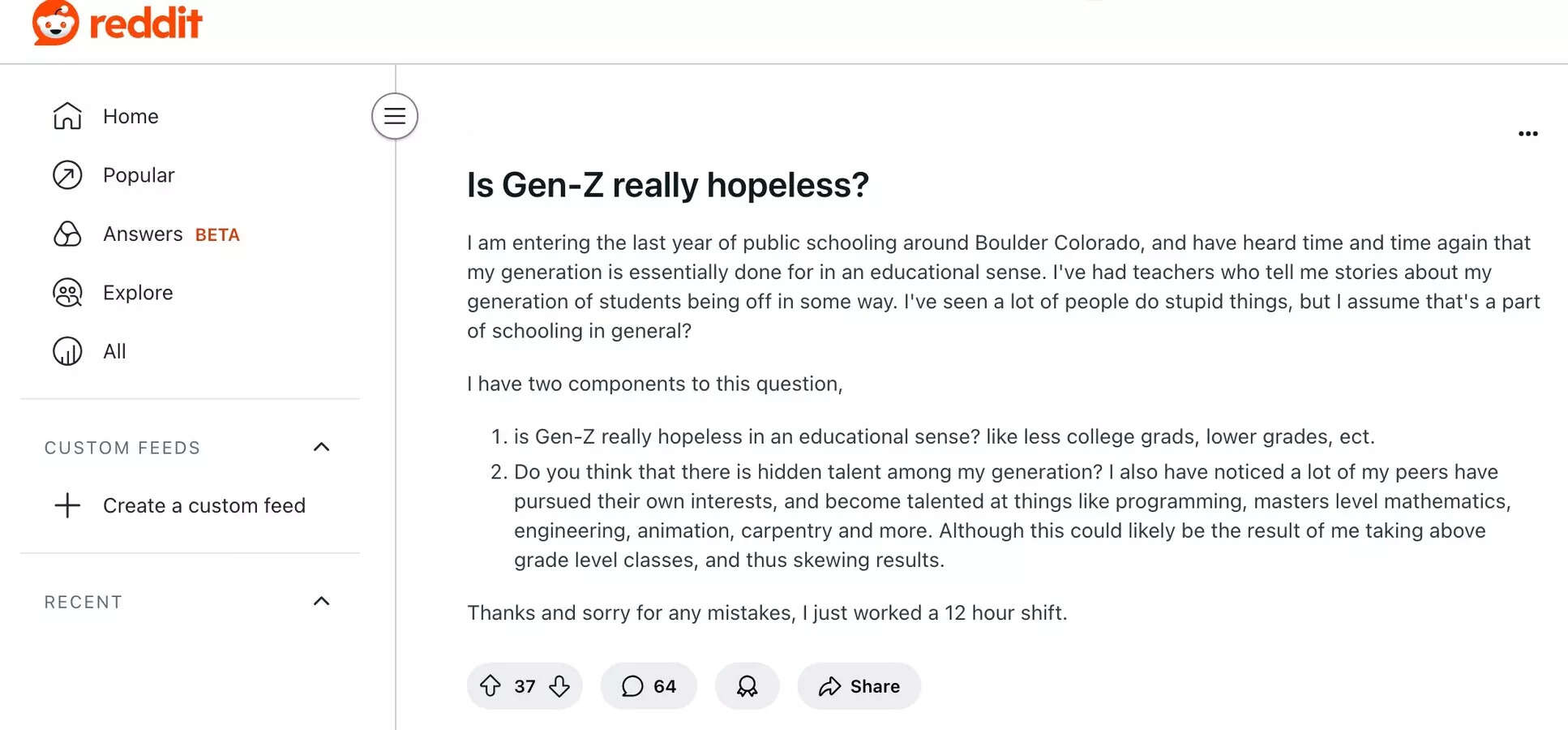 Post made by a student on Reddit