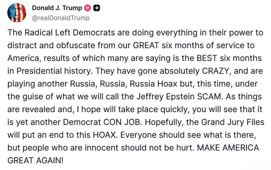 Truth social post of US President Donald Trump