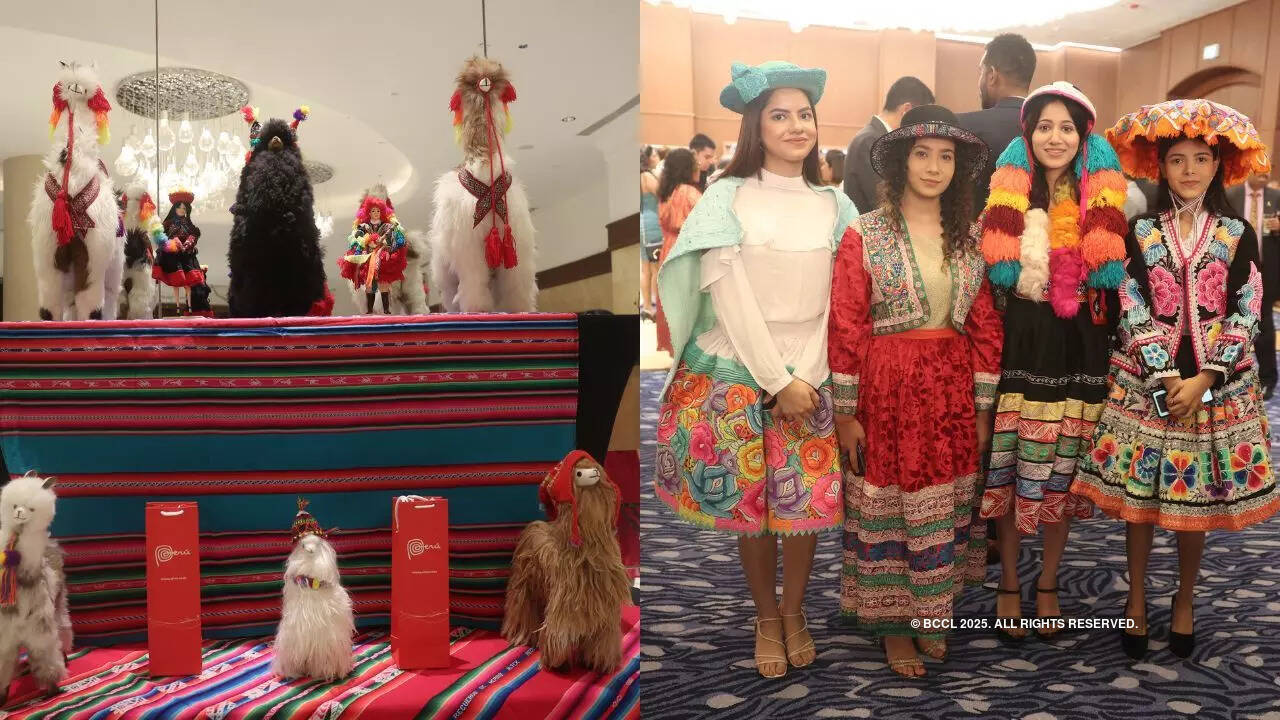 Llamas, which are significant in ancient Aldean culture, were on a decorative display of cultural heritage (L), Traditional dresses of Peru including poncho and pleated skirt with jacket (R) Cultural heritage of Peru