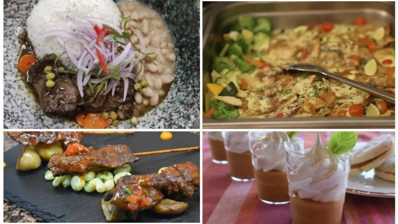 (Clockwise) Seco de Cordero, Grilled Fish in Chupe Sauce, Suspiro Limeño, Anticuchos de Pollo, Pics by Embassy of Peru Peruvian Cuisine at the event