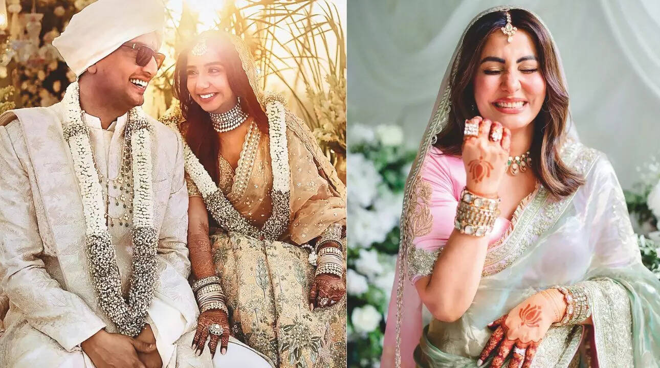Prajakta Koli radiated royal elegance in a kundan-style choker and maang tikka paired with her bridal ensemble  Hina Khan chose rose gold-toned kundan-style jewellery to complete her bridal look
