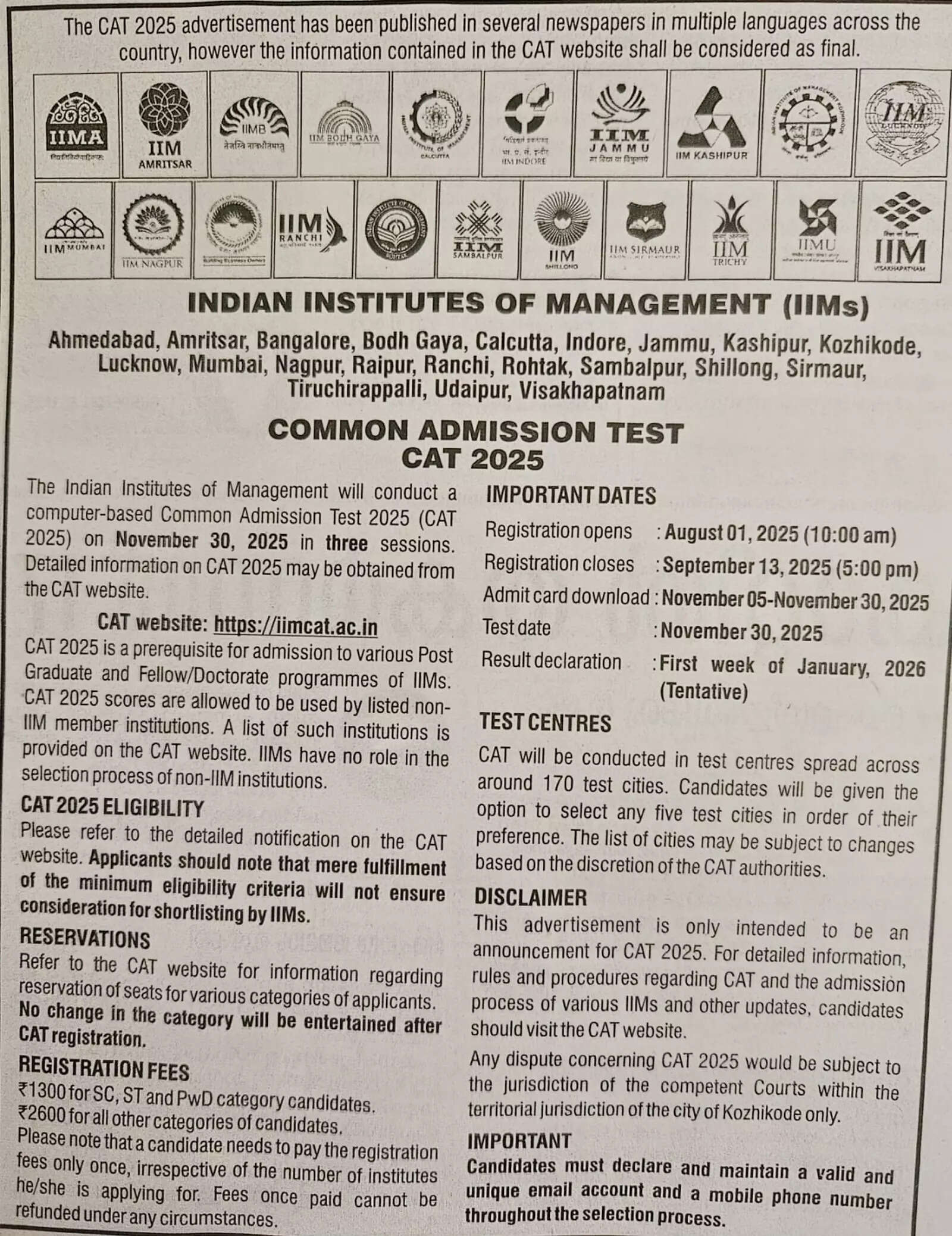 IIM Kozhikode releases CAT 2025 notification IIM Kozhikode releases CAT 2025 notification