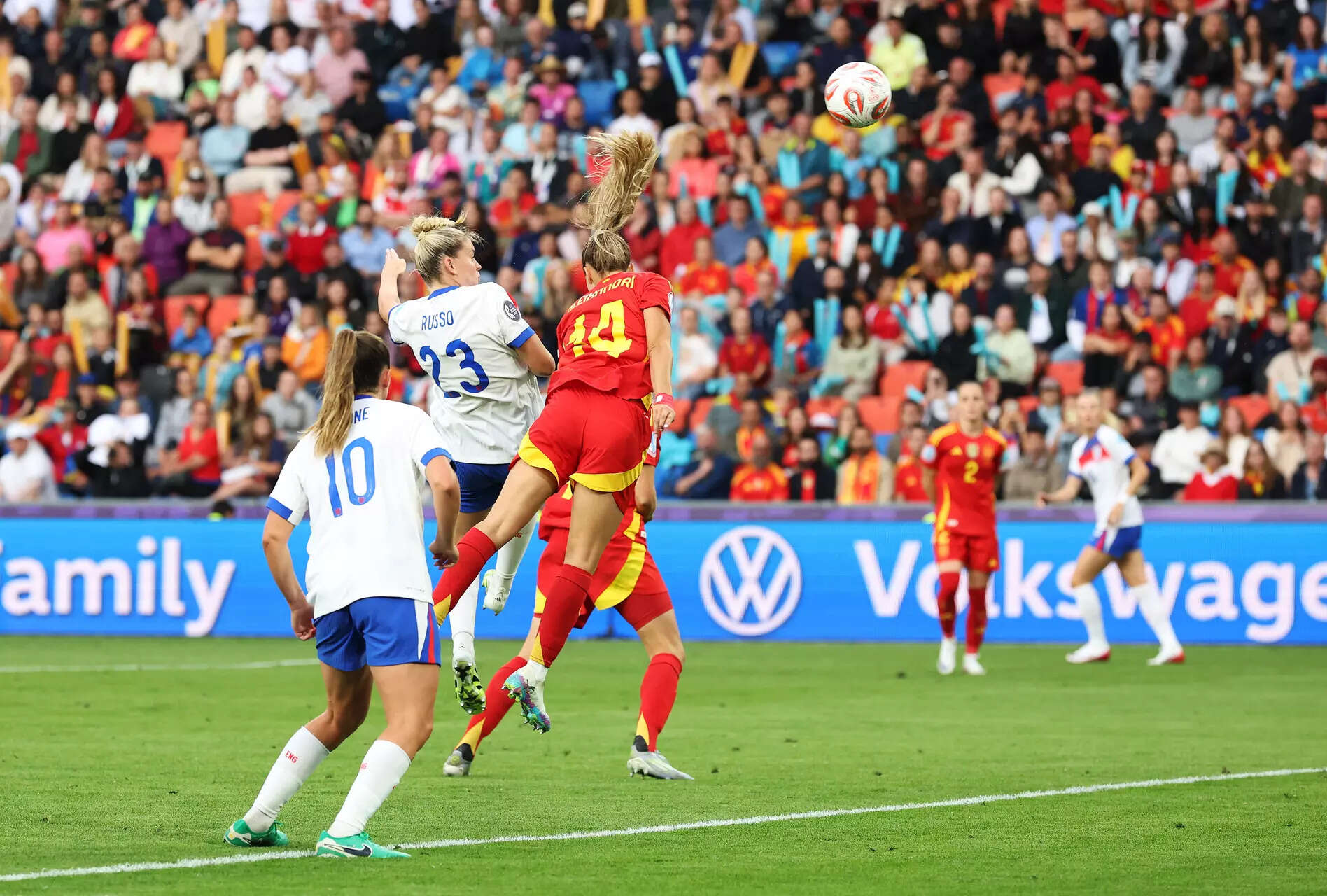 Alessia Russo of England scores her team's first goal during the UEFA Women's EURO 2025 Final (Photo by Alexander Hassenstein/Getty Images) England v Spain - UEFA Women's EURO 2025 Final