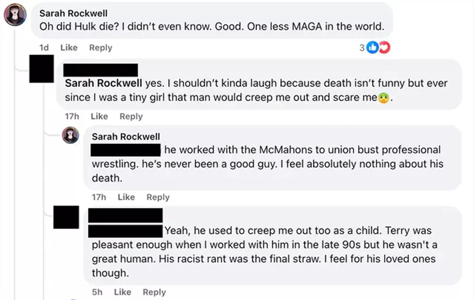 The now-deleted Facebook post by Sarah Rockwell that drew public criticism following her remark about the reported death of Hulk Hogan. (Screenshot/Facebook)