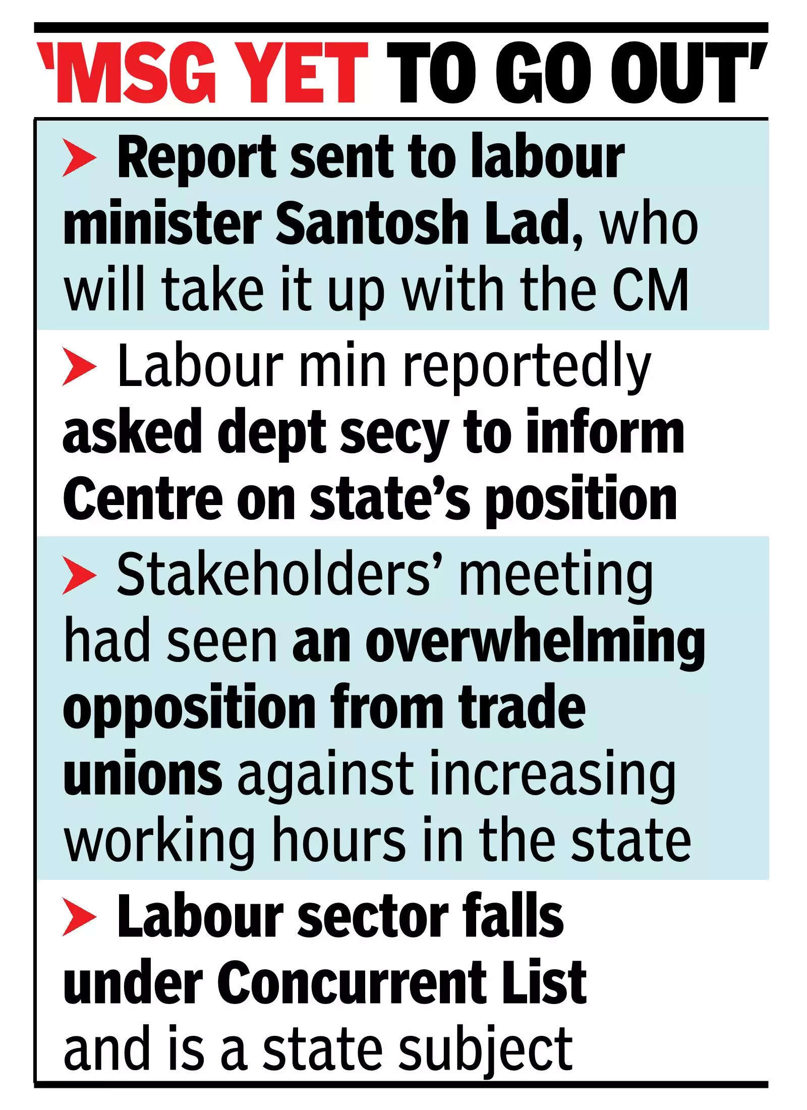 Work hours row: Karnataka to reject Centre’s 10hr/day work proposal; here's why | Bengaluru News 2 K’taka to reject Centre’s 10hr/day work proposal