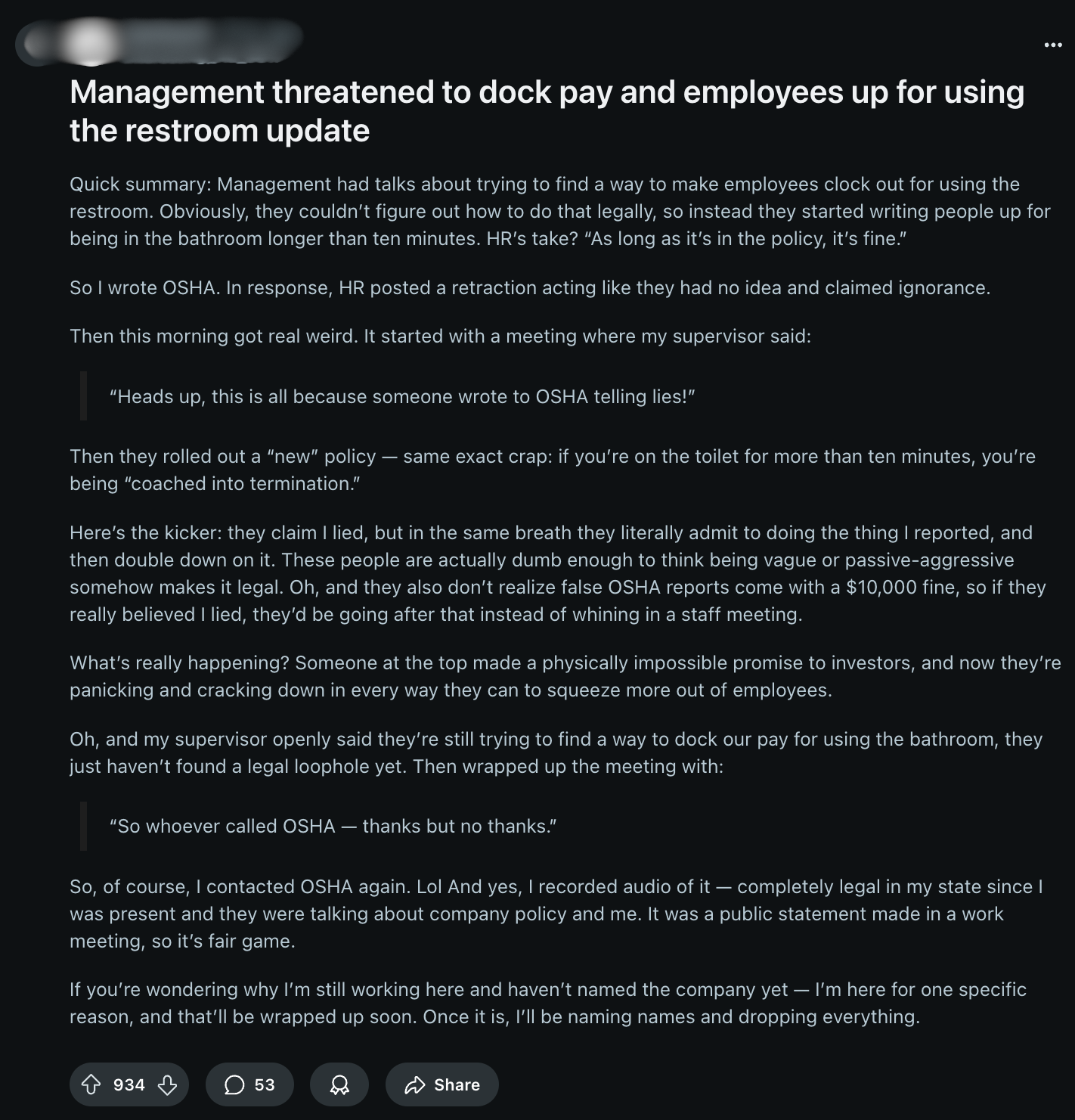 Reddit post highlighting the incident about US-based firm monitoring restroom breaks taken by employees. Reddit Post
