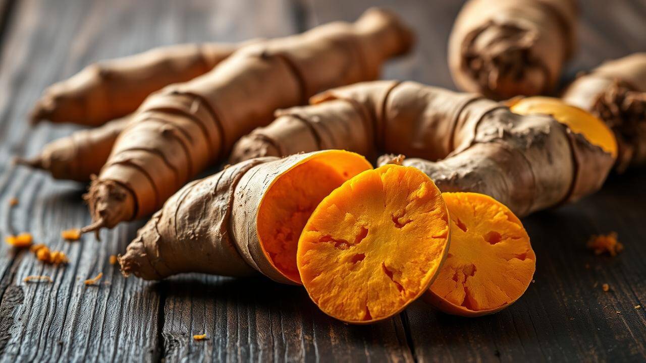 Fresh Turmeric Root on Rustic Wood