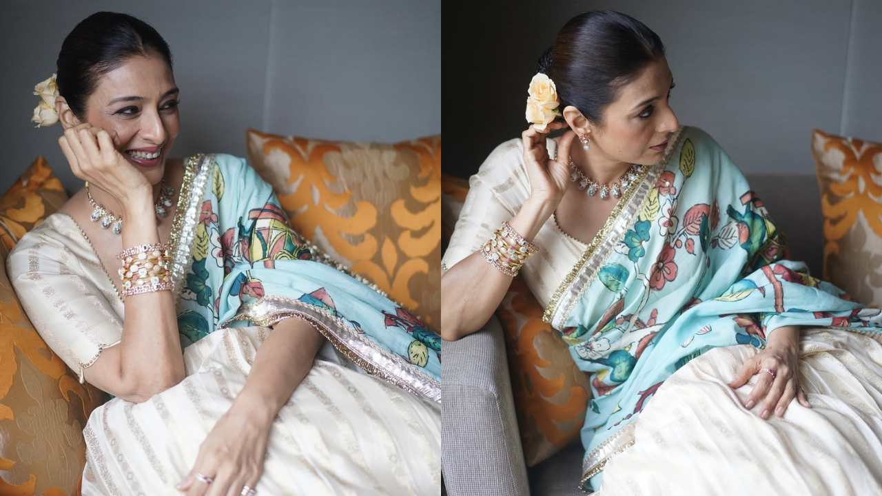 Tabu in ivory lehenga and blue dupatta