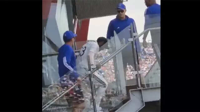 Jasprit Bumrah walks up the stairs after injuring his ankle against England at Old Trafford in Manchester. (Video grab) Jasprit Bumrah