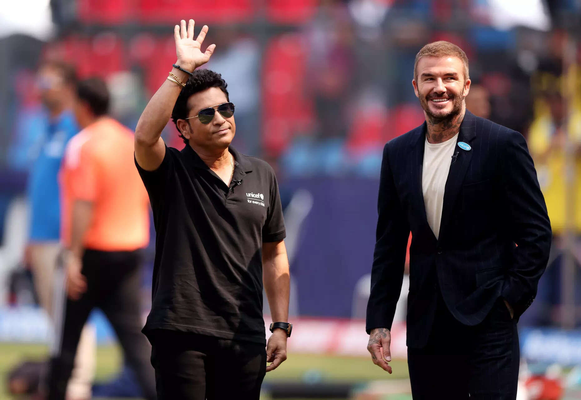 UNICEF Goodwill Ambassadors Sachin Tendulkar and David Beckham look on prior to the ICC Men's Cricket World Cup India 2023 Semi Final match between India and New Zealand at Wankhede Stadium (Photo by Robert Cianflone/Getty Images) India v New Zealand: Semi Final - ICC Men's Cricket World Cup India 2023