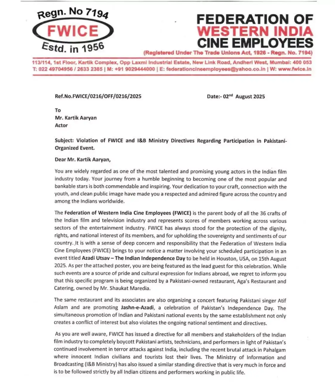 FWICE's letter to Kartik Aaryan