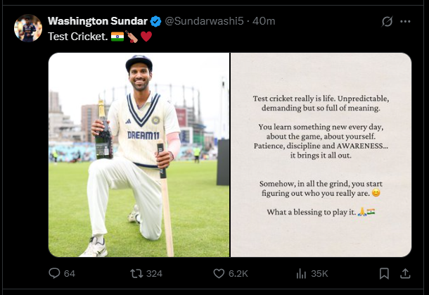 Washington Sundar on X (Screengrab) Washington Sundar