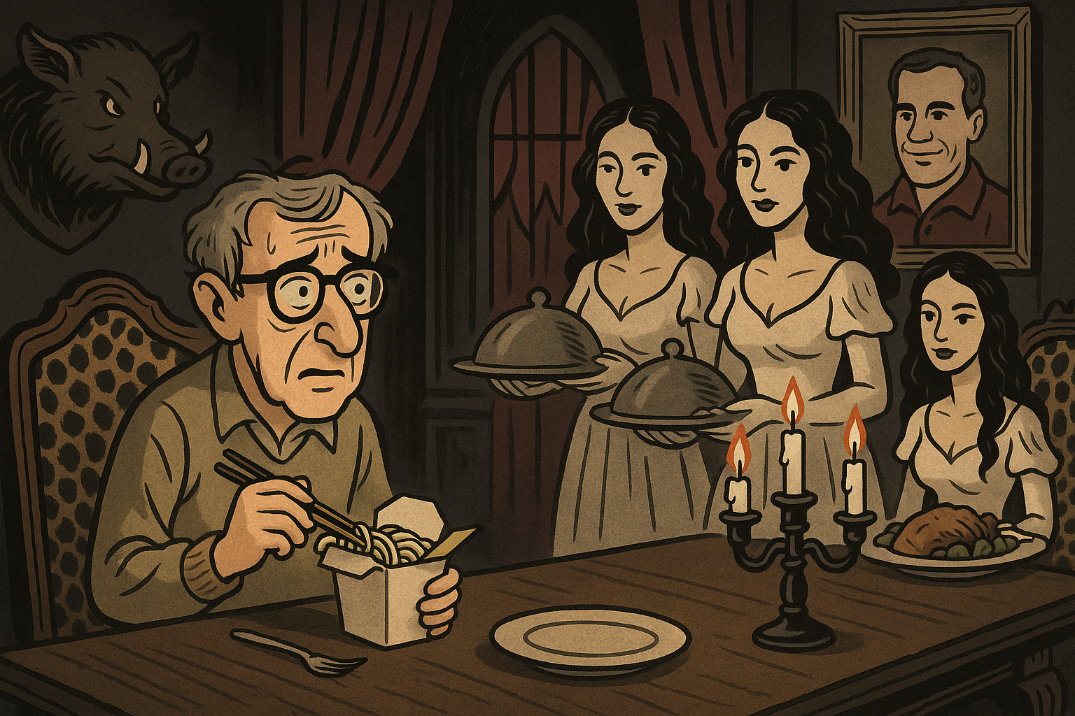 “In many respects [your dinners] seem like something out of Castle Dracula. The food is sometimes served by young women reminding one of Lugosi’s three female vampires. One imagines you sleeping in a coffin lined with damp earth.” —Woody Allen, 2016 letter to Jeffrey Epstein