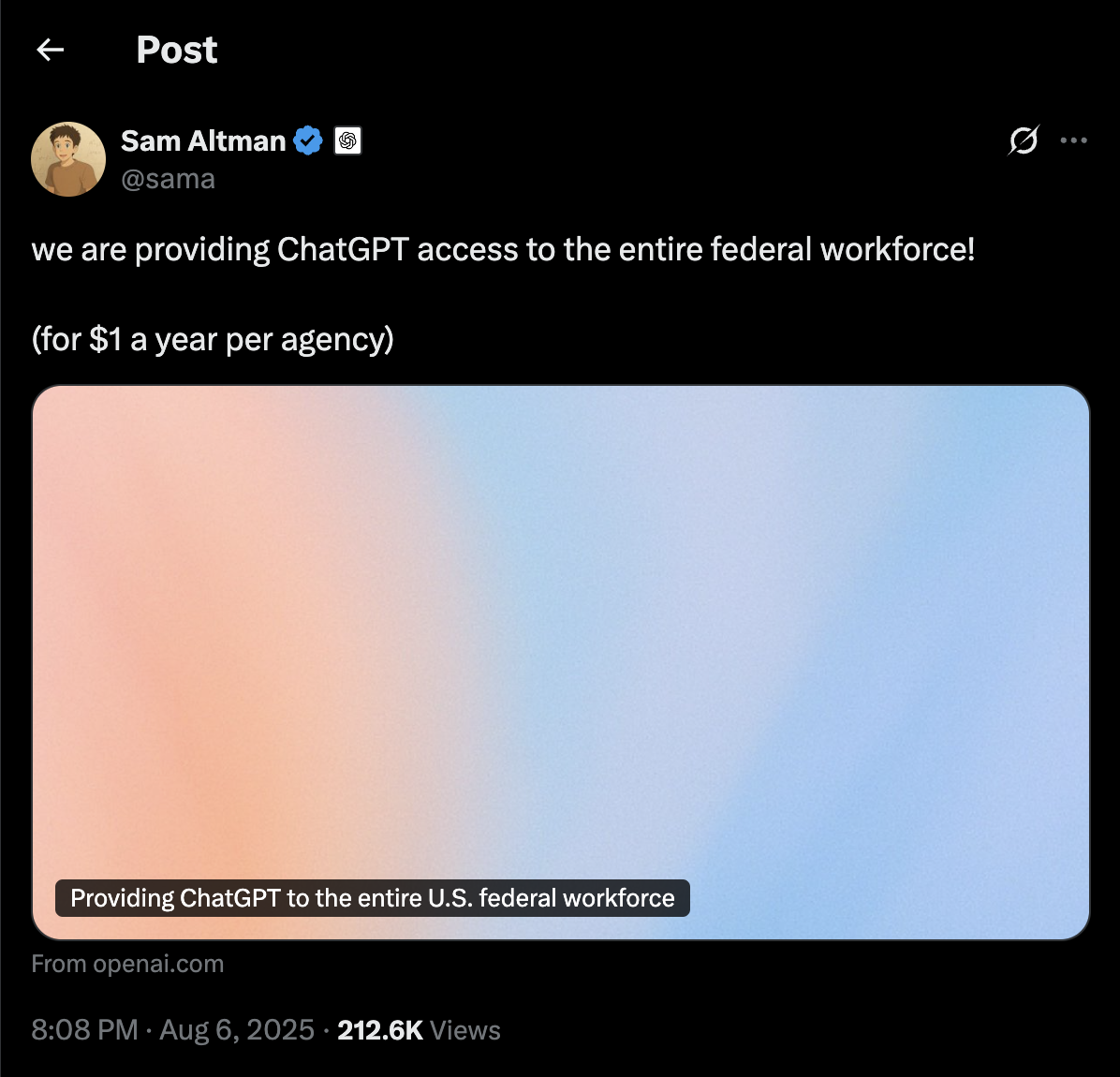 OpenAI CEO Sam Altman announces ChatGPT access for all US government workers