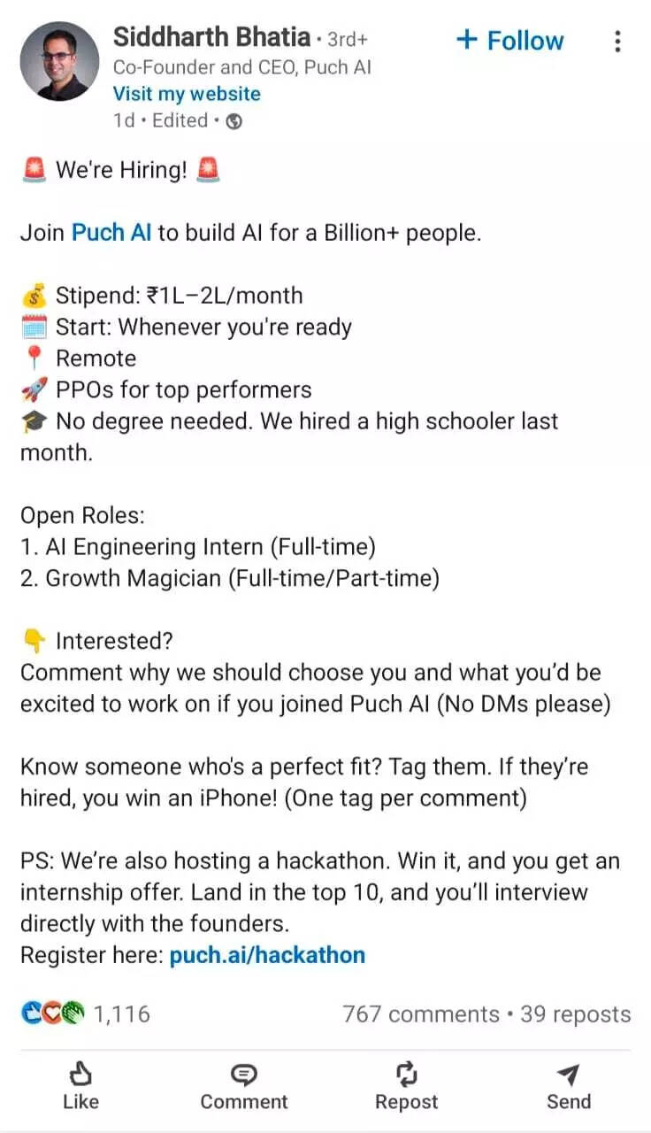 Siddharth Bhatia LinkedIn post