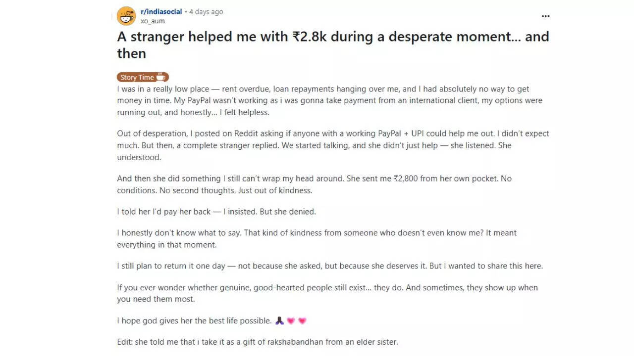 Source: Reddit Reddit user facing financial ruin receives Rs 2,800 life-changing kindness from a stranger