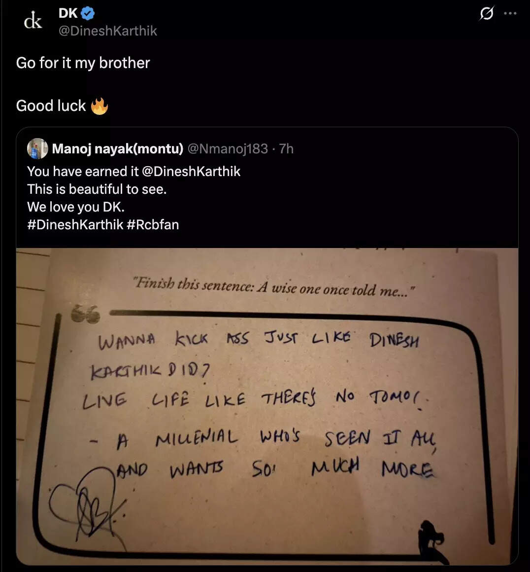 Dinesh Karthik's social media post in response to a message he had seemingly written for a fan. (Image: X) Dinesh Karthik
