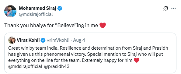 Mohammed Siraj responds to Virat Kohli tweet Mohammed Siraj responds to Virat Kohli tweet