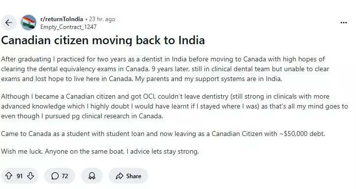 Indian-origin Canadian citizen's post on moving back to India went viral. Indian-origin Canadian citizen's post on moving back to India went viral.