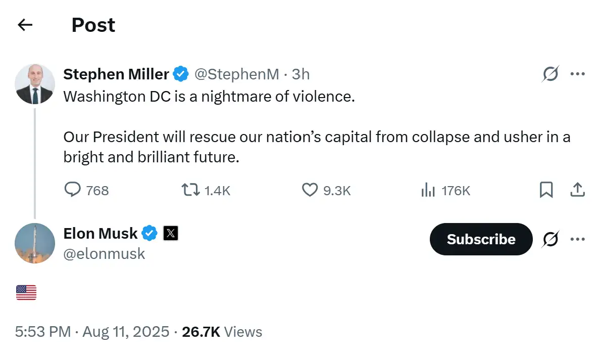 Elon Musk replies to Stephen Miller's post