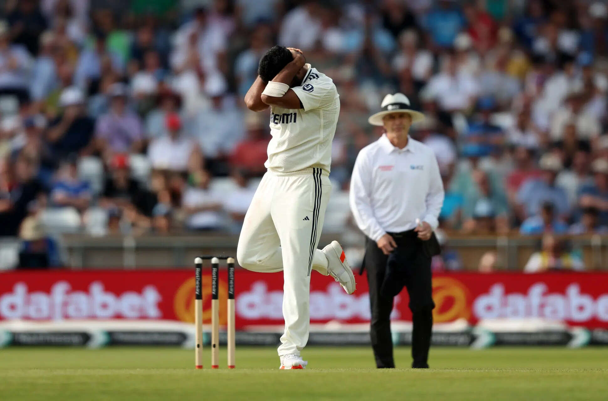 LEEDS, ENGLAND - JUNE 21: Jasprit Bumrah of India reacts after a dropped catch during Day Two of the 1st Rothesay Test Match between England and India at Headingley on June 21, 2025 in Leeds, England. (Photo by George Wood/Getty Images) England v India - 1st Rothesay Test Match: Day Two