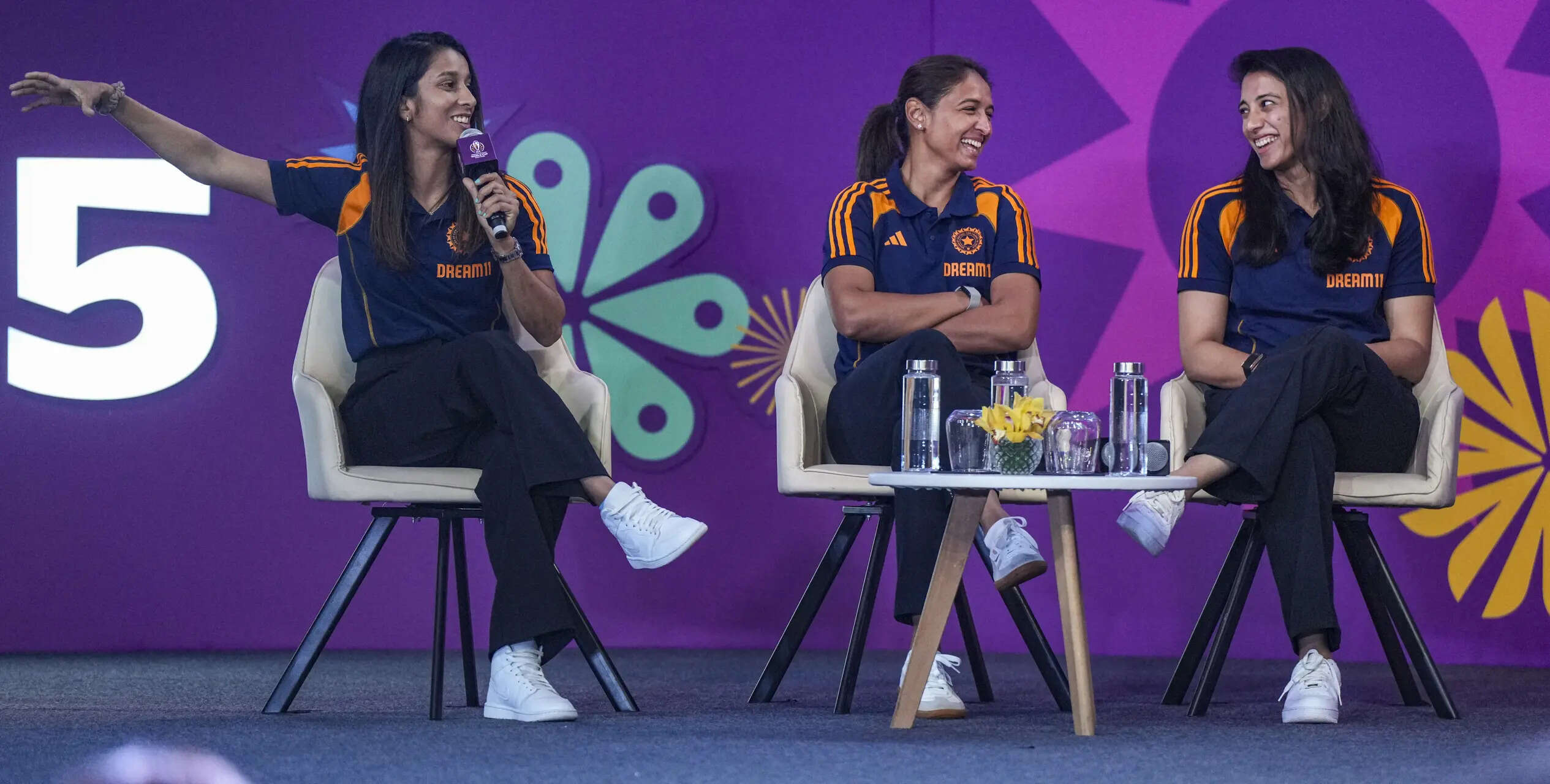 Mumbai: Cricketers Harmanpreet Kaur, Smriti Mandhana and Jemimah Rodrigues during an event organised ahead of the ICC Women�s Cricket World Cup 2025, in Mumbai. The tournament will begin on Sept. 30, 2025. (PTI Photo/Shashank Parade)(PTI08_11_2025_000165B) Event for ICC Women’s World Cup 2025
