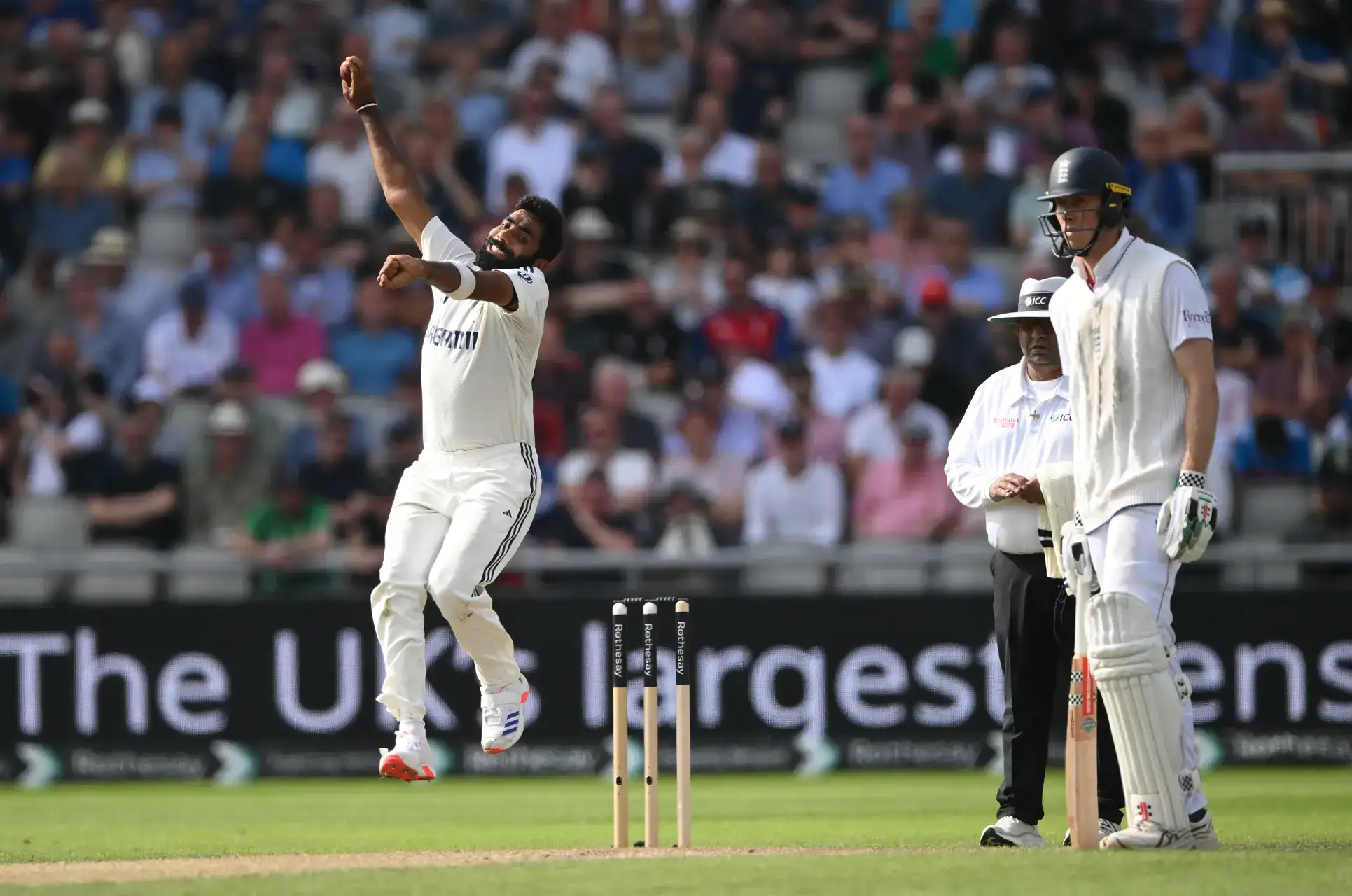MANCHESTER, ENGLAND - JULY 24: India bowler Jasprit Bumrah in bowling action during day two of the Fourth Test Match between England and India at Emirates Old Trafford on July 24, 2025 in Manchester, England. (Photo by Stu Forster/Getty Images) England v India - 4th Rothesay Test Match: Day Two