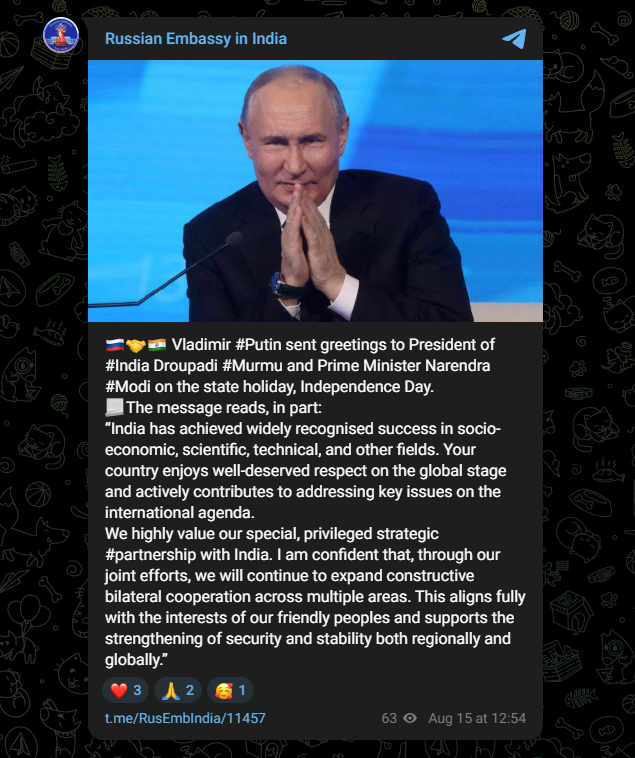 Putin's message to President Murmu and PM Modi on Independence Day