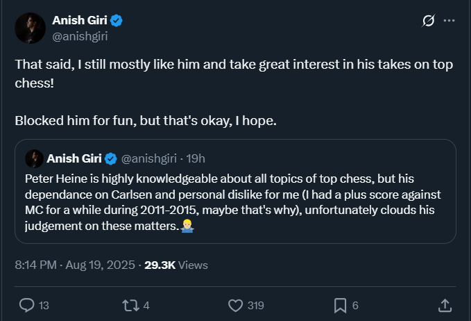 Postagem de Anish Giri em X Postagem de Anish Giri em X