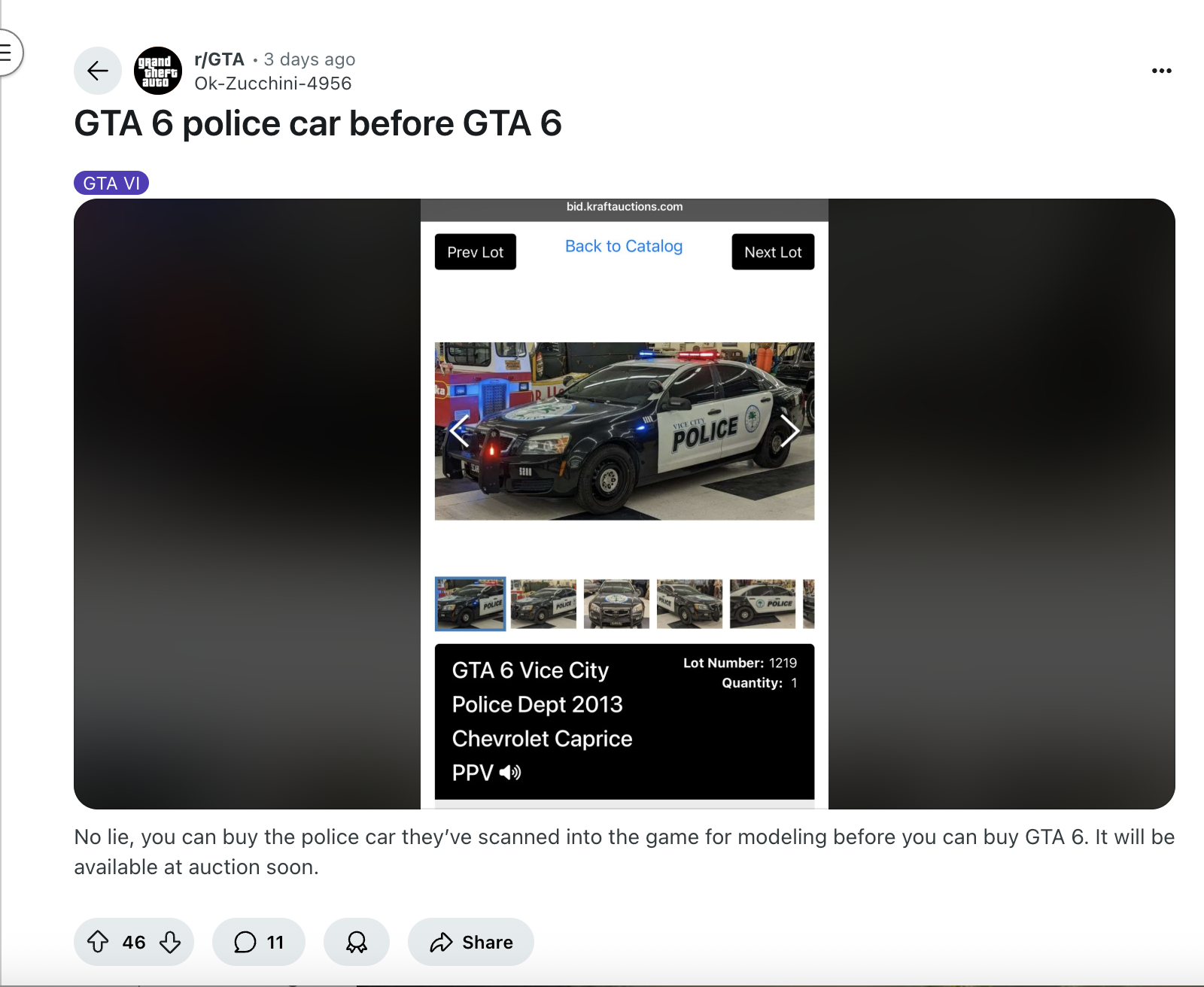 Reddit post on GTA 6 car auction
