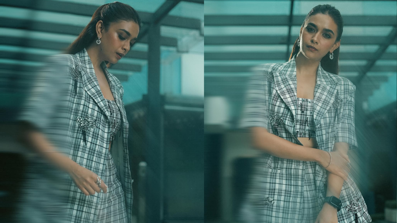 Keerthy in a striking plaid power suit