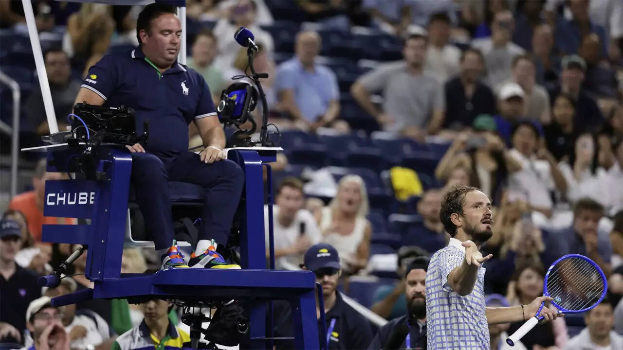 Daniel Medvedev hit the chair umpire in his first round match at the US Open and later broke his racket on the chair. (AP photo) MedeveDev-2708 -P