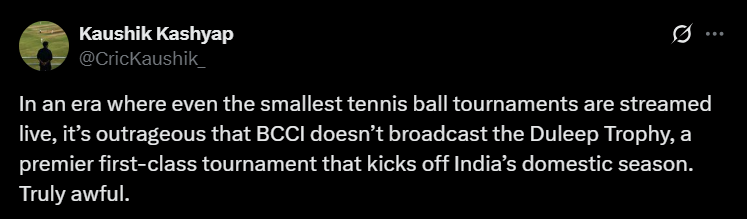 Fans are upset with BCCI for not living live in the first two quarter-finals of the Dilip Trophy. Fans' response