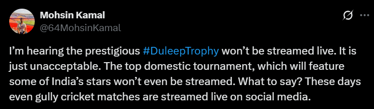 Fans are upset with BCCI for not living live in the first two quarter-finals of the Dilip Trophy. Fans' response