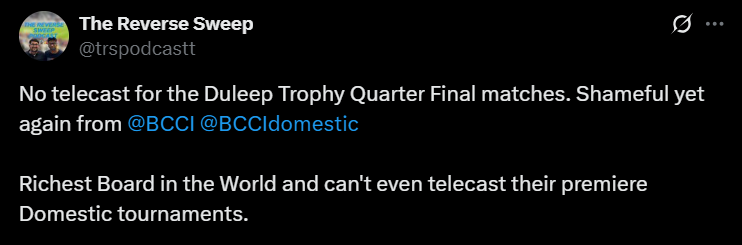 Fans are upset with BCCI for not living live in the first two quarter-finals of the Dilip Trophy. Fans' response