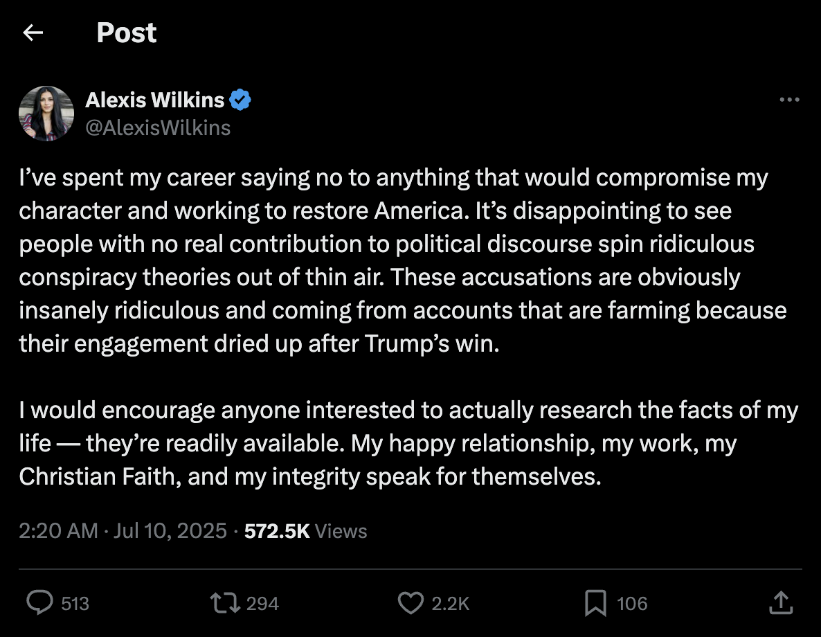 Alexis Wilkins X post from July
