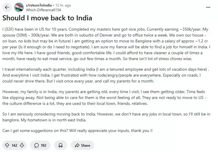 A Denver-based Indian woman's post on whether she should come back to India has gone viral. A Denver-based Indian woman's post on whether she should come back to India has gone viral.