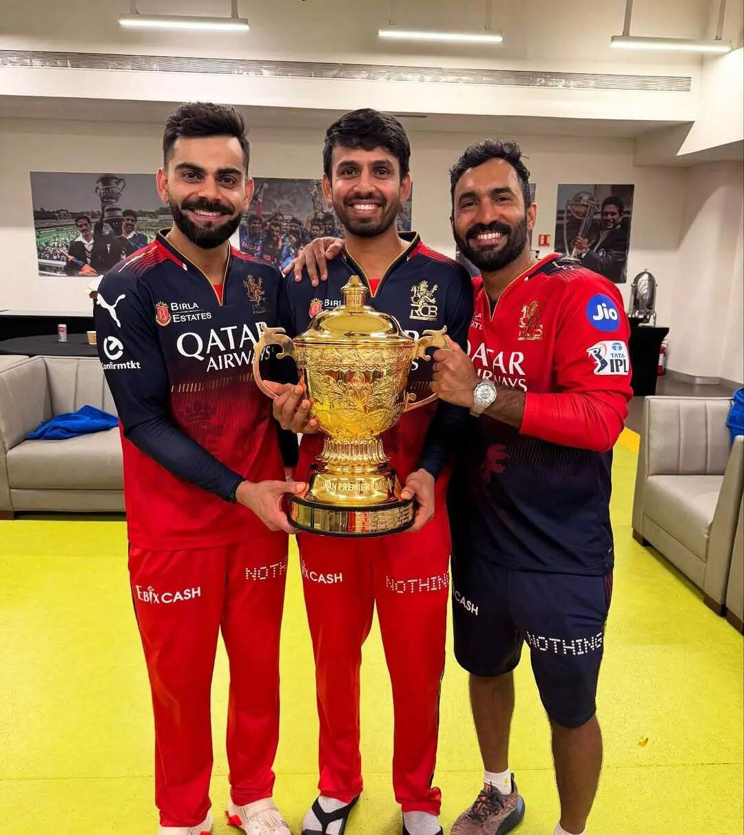 Virat Kohli (L) and Dinesh Karthik (R) on Instagram with Royal Challengers Bangalore wicketkeeper Jitesh Sharma (C). Jitesh Kohli DK Instagram