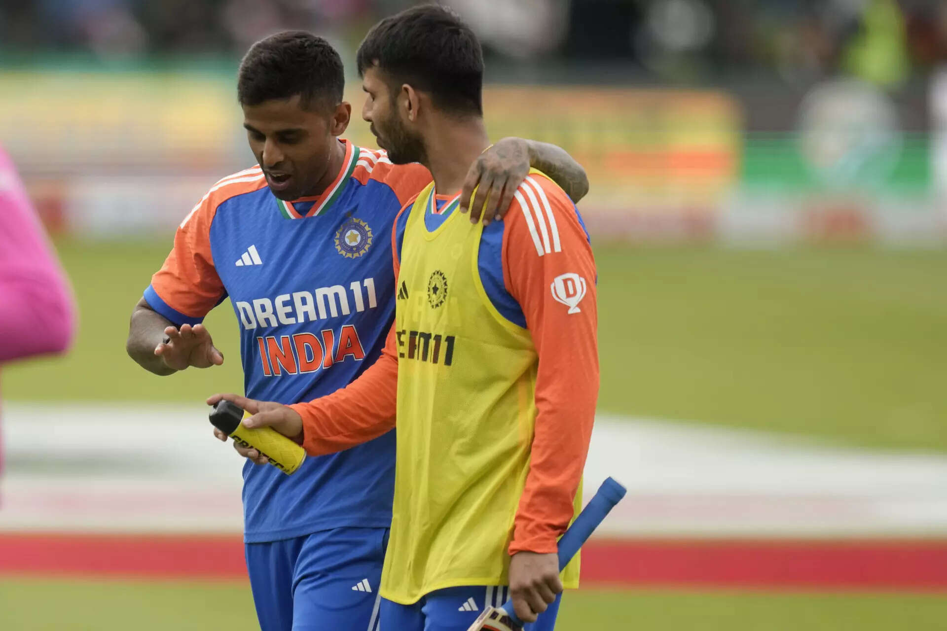 File photo of India's T20 captain Suryakumar Yadav (L) and Jitesh Sharma (R) during the second T20 cricket match between South Africa and India at the Kingsmade Cricket Stadium in South Africa and South Africa. (AP/PTI) India captain Suryakumar Yadav, left, and leave the field after Jitesh Sharma ...