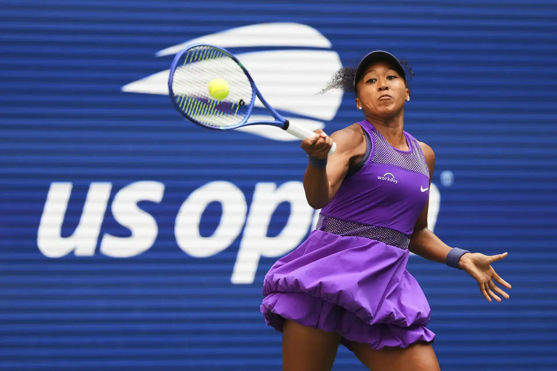 Japan's Naomi Osaka returned a shot against the United States Coco Goff, during the fourth round of the US Open Tennis Championship in New York, Monday, September 1, 2025. (AP Photo/Kirsty Wigglesworth) US Open Tennis
