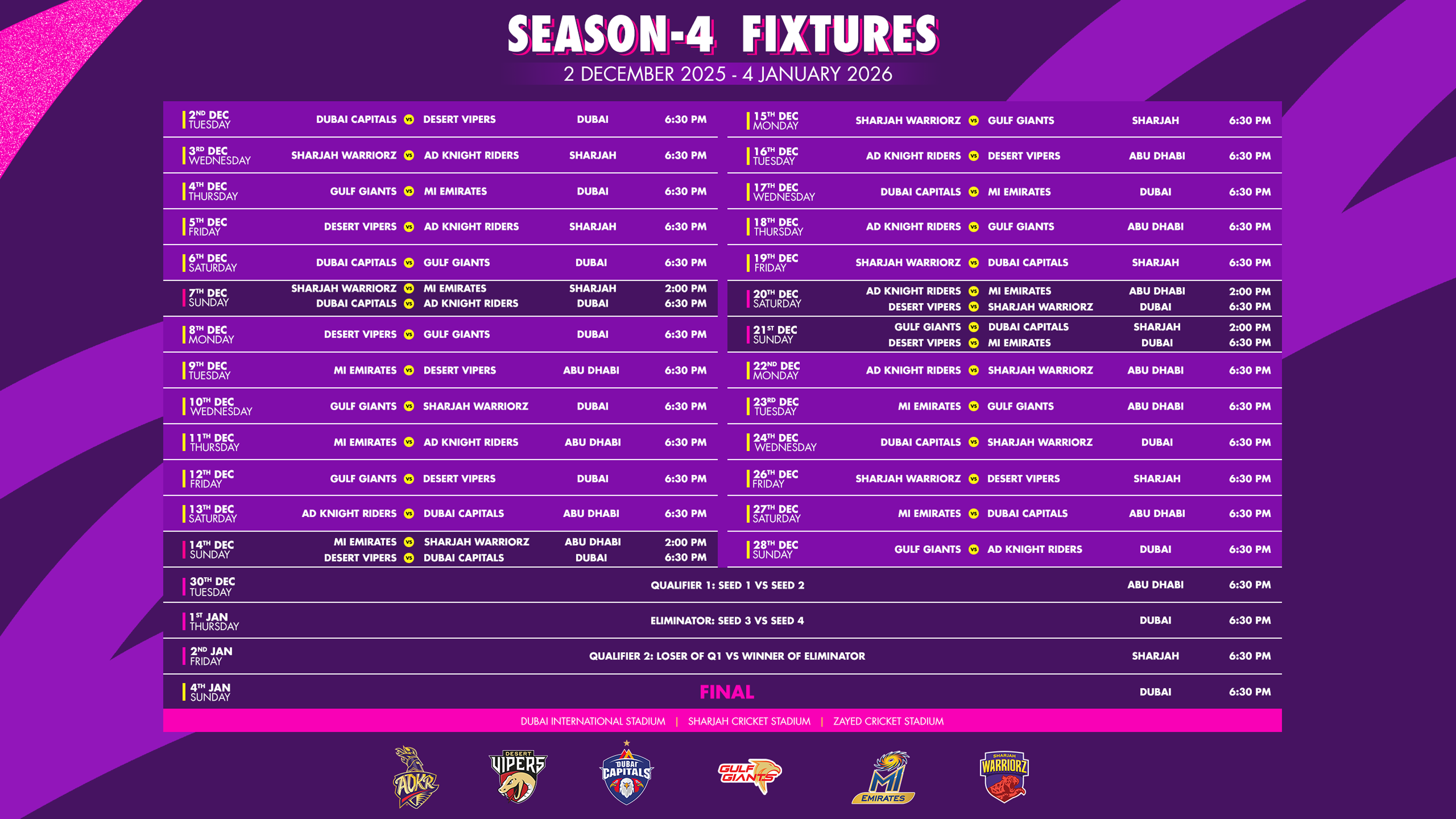 DP World International League T20 Season 4 Schedule