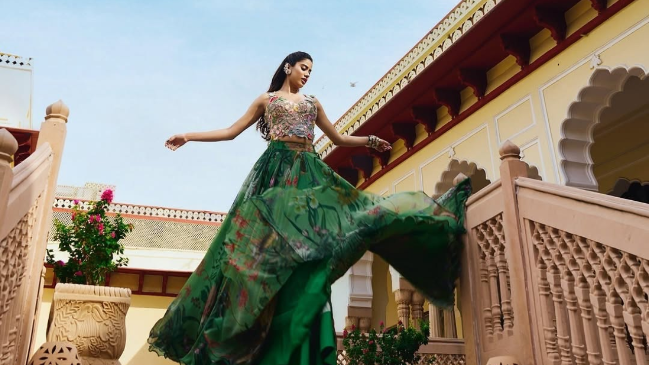 (Image Credits: Instagram) Janhvi Kapoor’s green lehenga with appliqué florals