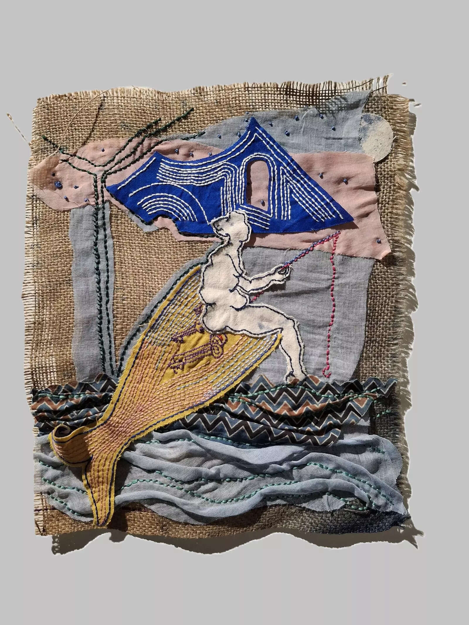 Meenakshi Nihalani, Riverside evening Cotton textile, dye, hand-stitched cotton thread work, charcoal 16 × 21 inches