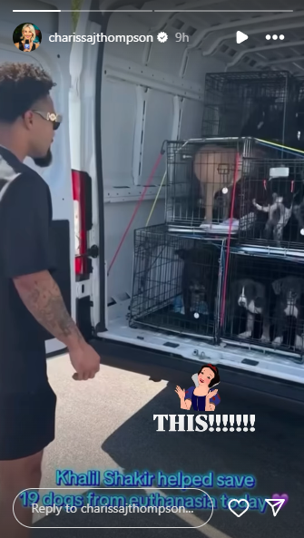 Shakir saves 19 dogs with Charissa Thompson cheering on him (Image credit: Charissa Thompson IG Story) Khalil Shakir