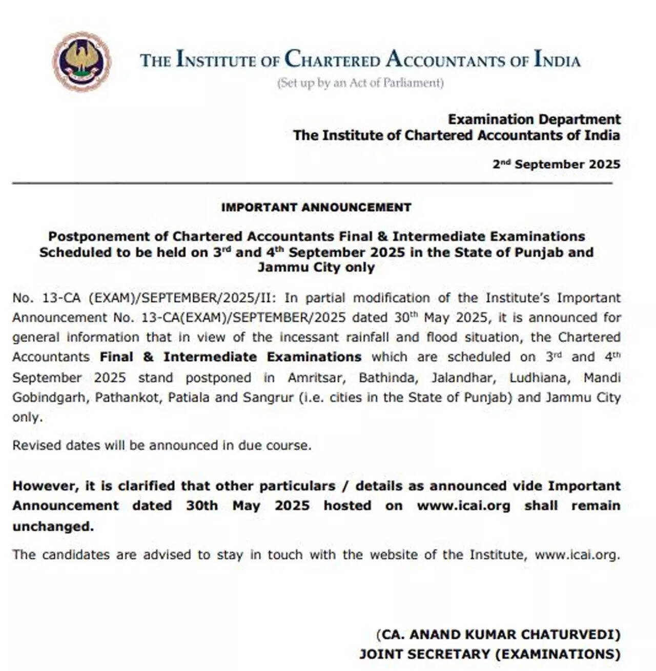 CA exams postponed