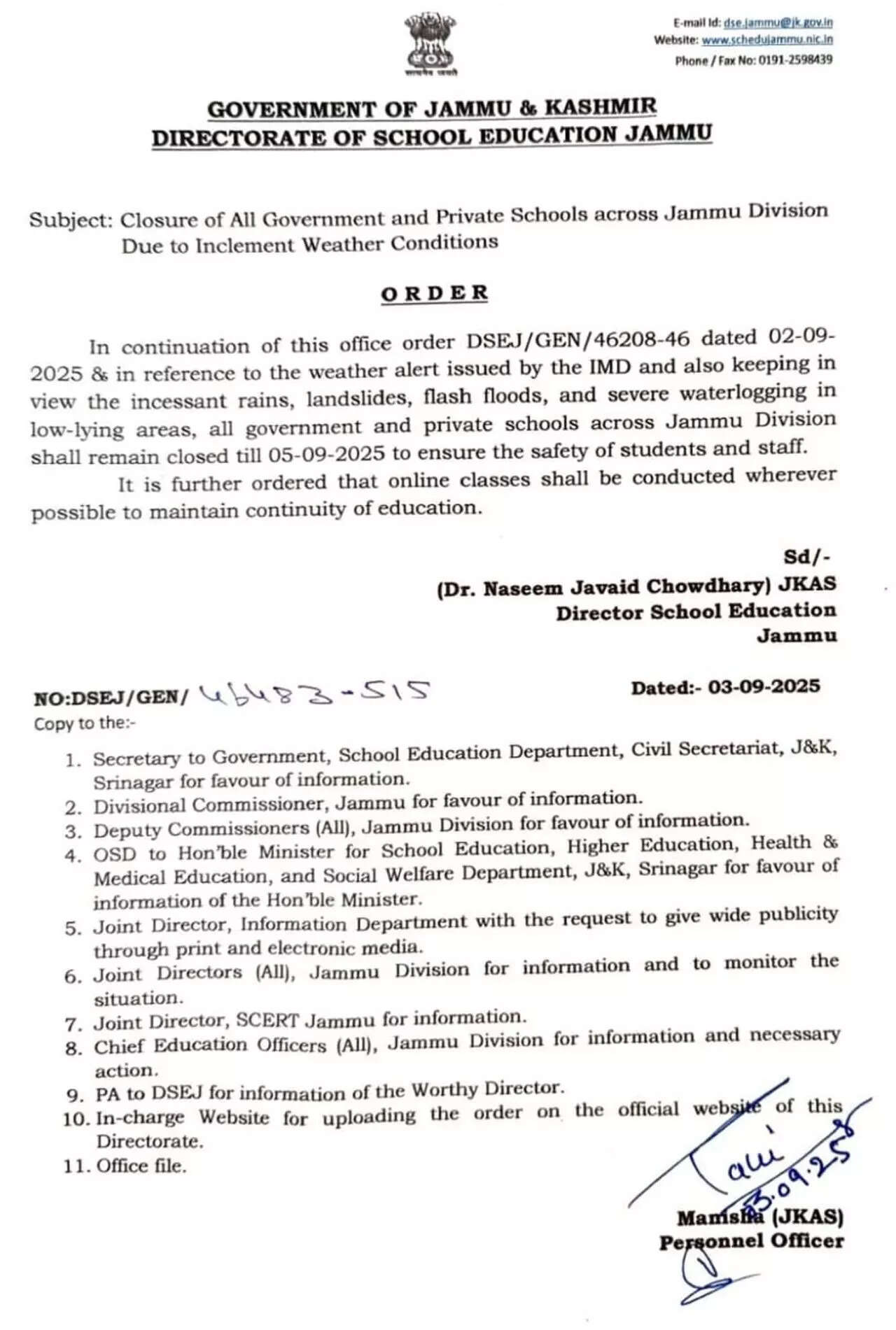 Jammu Division schools have been ordered to remain closed till September 5