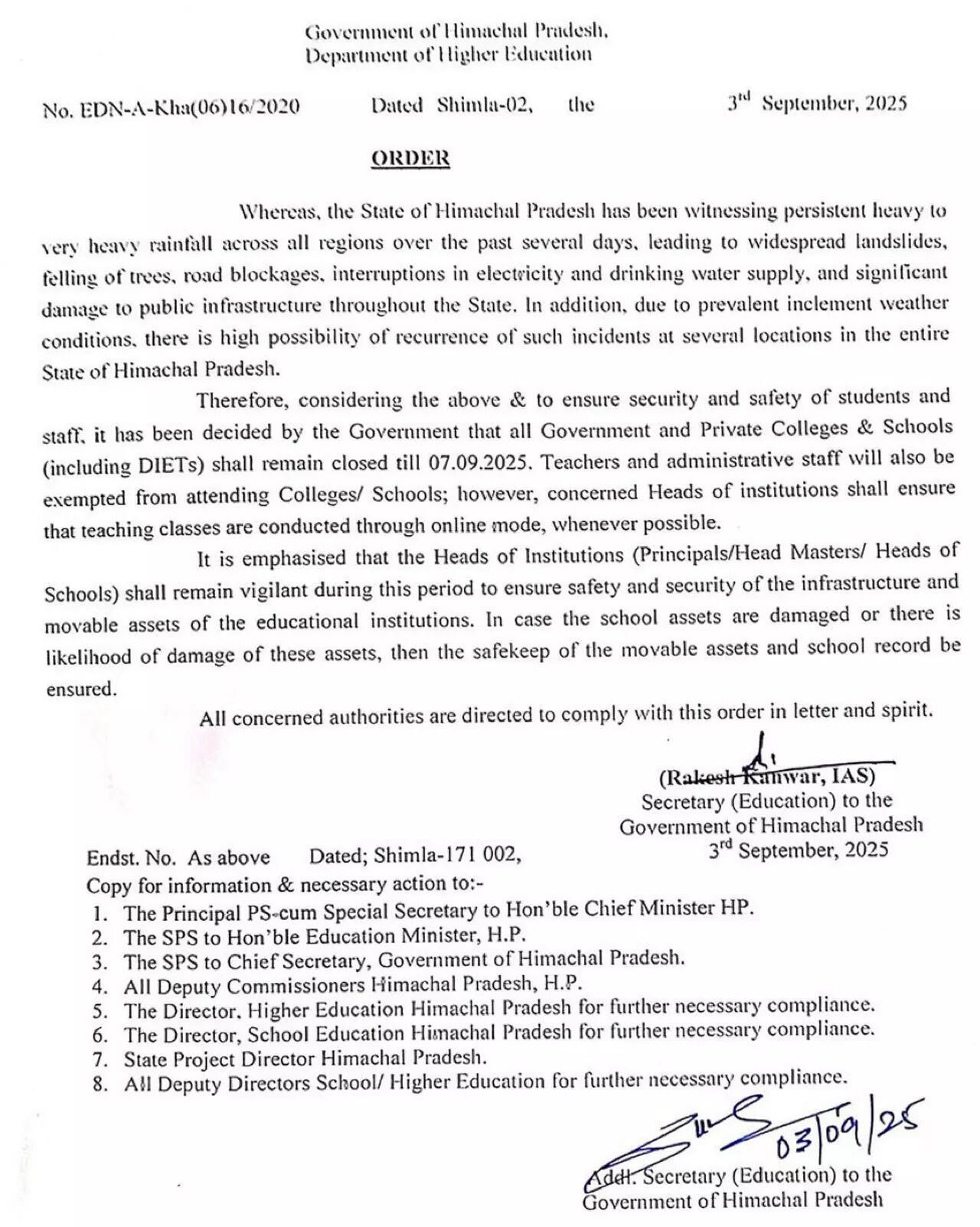Schools in Ambala and Jhajjar districts will remain closed till September 5