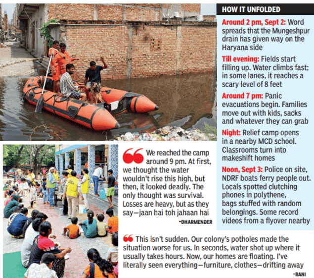 Torrential floods, triggered by a drain breach near the Delhi-Haryana border